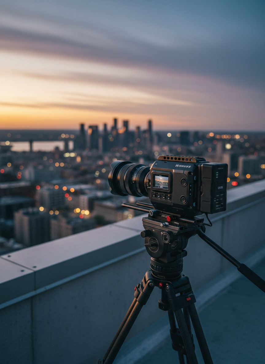 A polished black cinema camera with a compact zoom lens mounted on a sturdy carbon-fiber tripod stands on the edge of a rooftop at dusk, overlooking a softly blurred city skyline of lights and silhouetted buildings. The camera’s small status screen glows faintly, reflecting off matte metal buttons and textured rubber grips. Golden hour fades into deep blue, with the last streaks of sunset casting a subtle rim light along the camera’s edges. Shot from a low, slightly angled perspective to feel cinematic and aspirational, with photographic realism and a clean, professional mood that reflects ambitious filmmaking and urban storytelling.