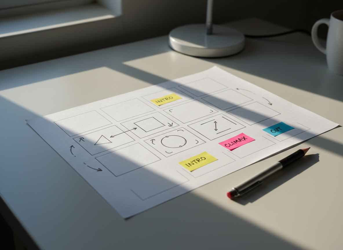 A storyboard sequence spread across a clean, light-gray desk surface, featuring a grid of blank rectangular frames on crisp white paper, some carefully filled with simple, non-human geometric scene sketches and arrows indicating camera movements. A mechanical pencil rests diagonally across one sheet, while colored sticky notes mark key moments. Gentle afternoon window light falls from the left, creating soft shadows from the paper edges and a quiet, focused atmosphere. Photographic realism, slightly elevated angle, using the rule of thirds to keep the storyboard as the central focus, representing conceptual planning and visual storytelling in a filmmaker’s process.