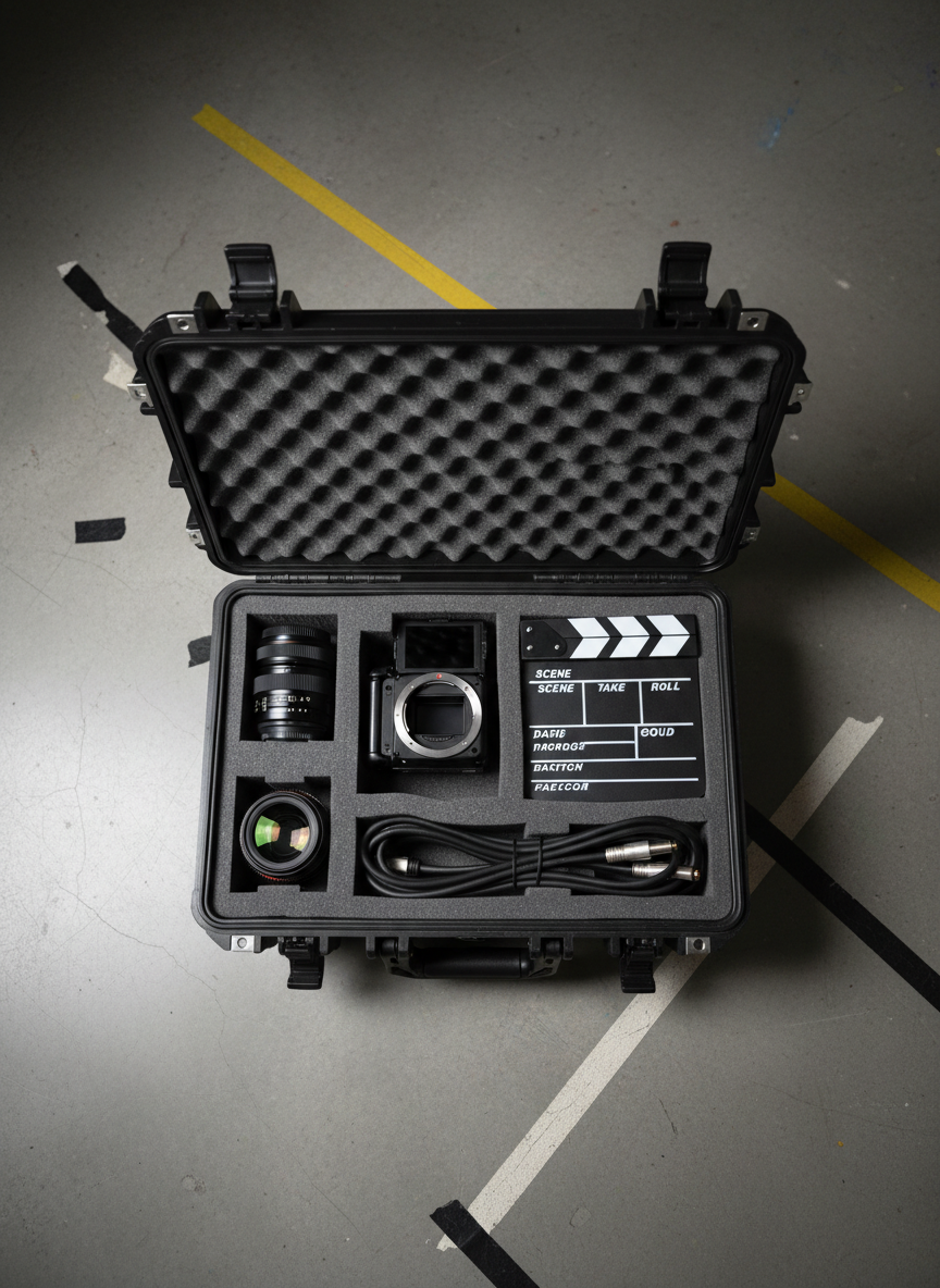 An open hard-shell camera case with custom-cut foam cradling neatly arranged filmmaking tools: a compact cinema camera, two prime lenses with pristine glass, a slate clapperboard with blank white fields, and neatly coiled audio cables. The case rests on a smooth concrete studio floor with faint paint markings and gaffer tape lines. Overhead softbox lighting casts even, neutral illumination, creating gentle shadows within the foam cutouts and subtle highlights along metal and glass surfaces. Photographic realism, top-down composition with sharp focus throughout, conveying organization, reliability, and behind-the-scenes professionalism for a videographer’s gear showcase image.