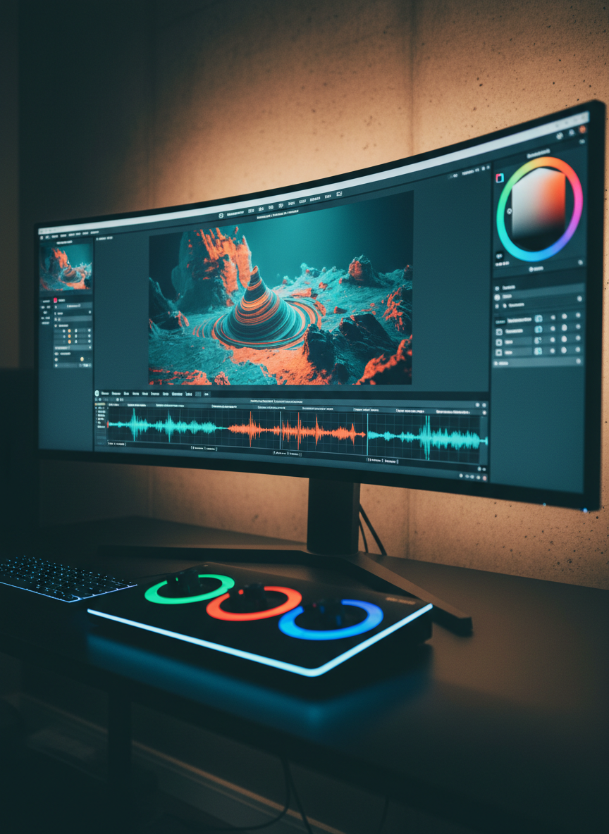 A minimalist editing suite featuring a wide, ultra-thin monitor displaying a color grading interface with vivid teal and orange tones, waveform scopes, and a paused frame of an abstract, non-human landscape. Below, a compact control surface with glowing color wheels sits on a matte black desk, beside a silent, low-profile keyboard. The room is dim except for the cool, diffused light from the screen and a faint warm backlight washing the textured wall behind the monitor. Photographic realism, slightly off-center composition with shallow depth of field, creating a focused, cinematic atmosphere that highlights the precision of post-production work.